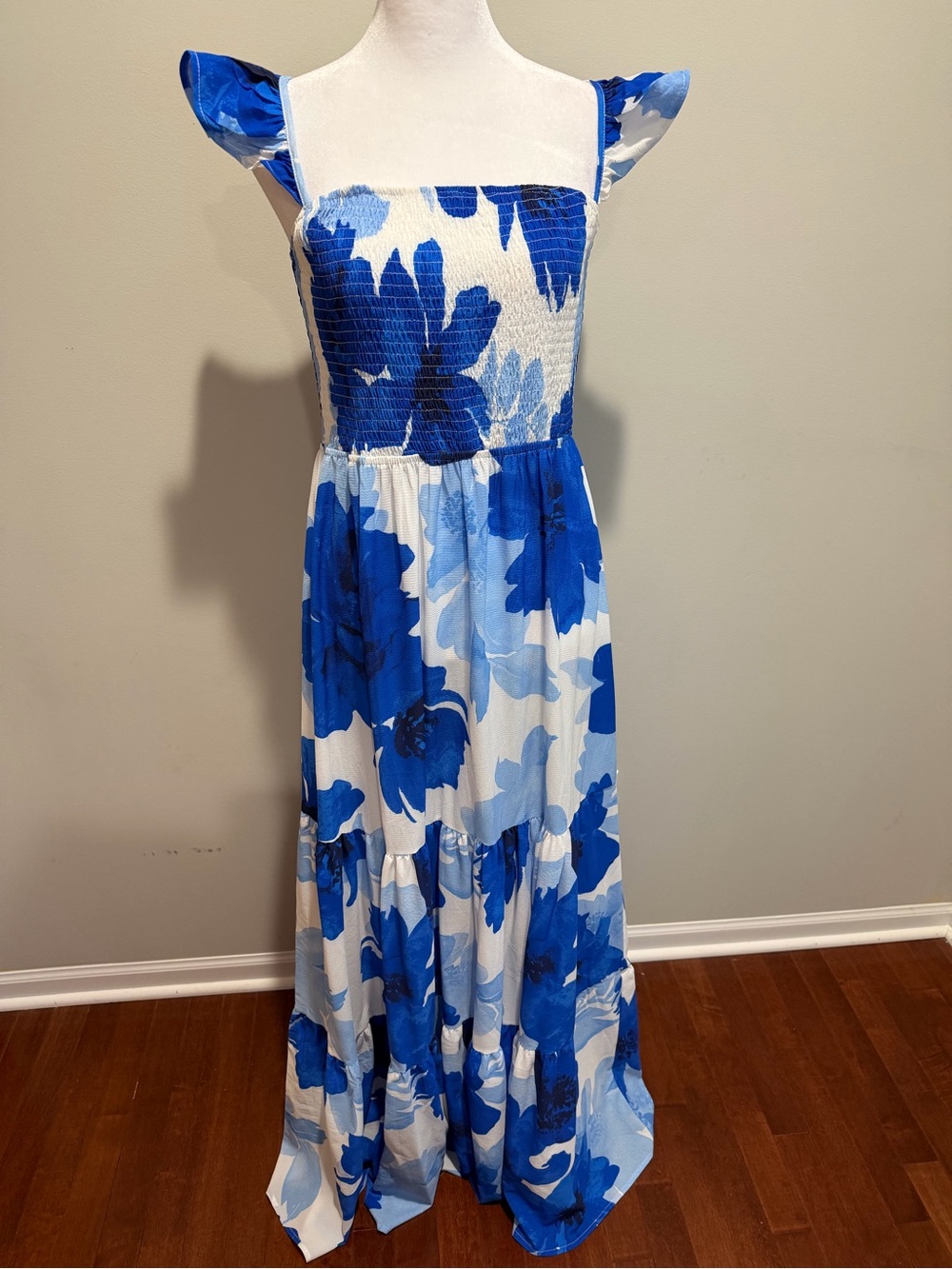 Flying Tomato Blue & White Floral Maxi Dress with Flutter Straps